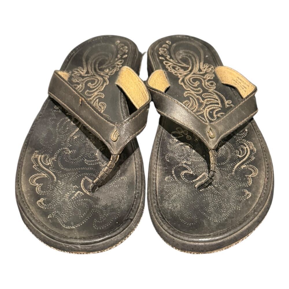 OluKai Panolo W Leather Flip Flop Sandals Women’s Size 9 Black Comfort Thong - Picture 5 of 10